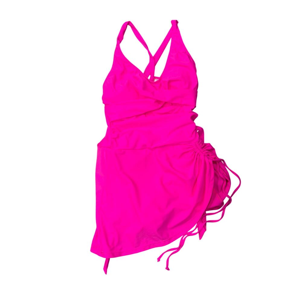 NWT Neon Hot Pink Swim Dress One Piece Ruched V-Neck Wrap Skirt Size S